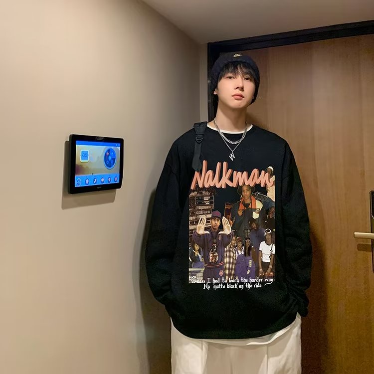 Áo Thun Tay Dài Cổ Tròn Dáng Rộng In Họa Tiết Hoạt Hình Phong Cách Hip Hop Thời Trang Cho Nam Và Nữ