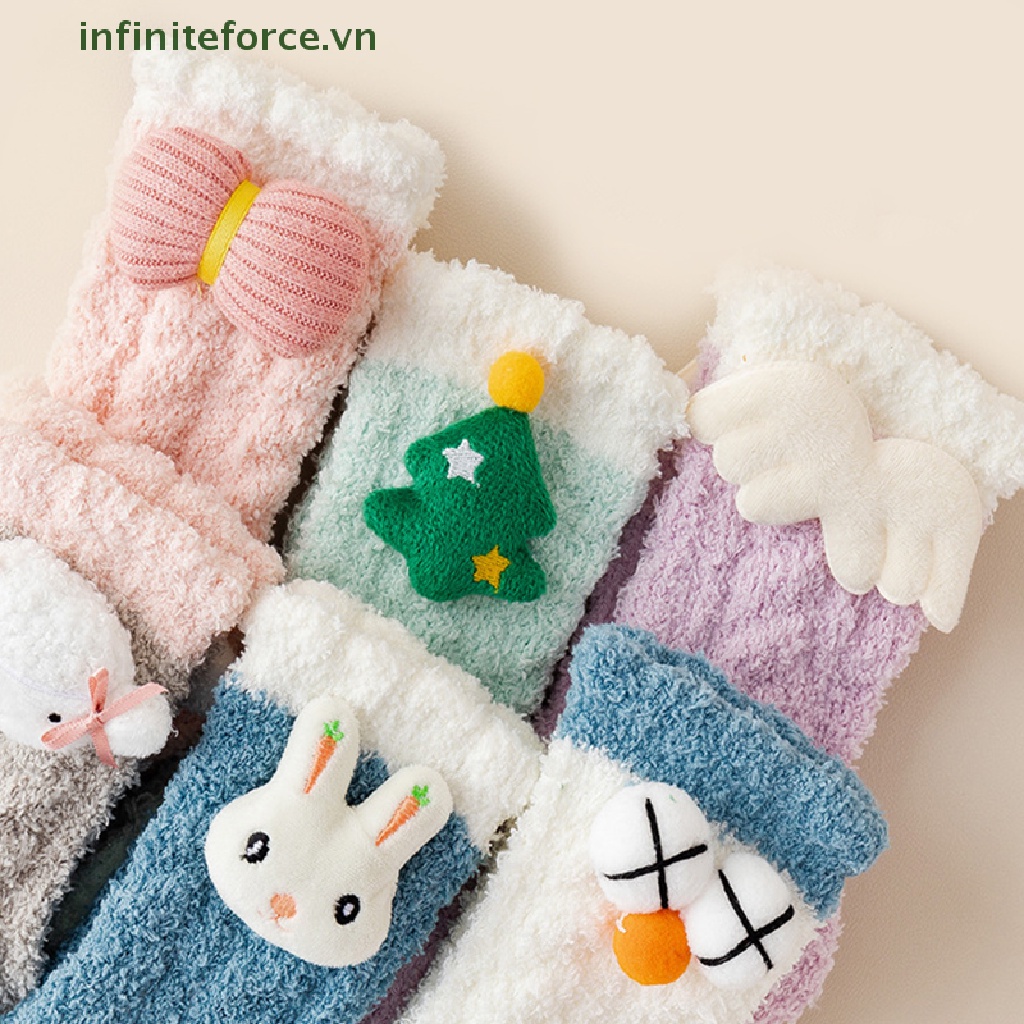 1 Đôi Tất Lông Cừu San Hô Dày Giữ Ấm Họa Tiết Hoạt Hình Dễ Thương