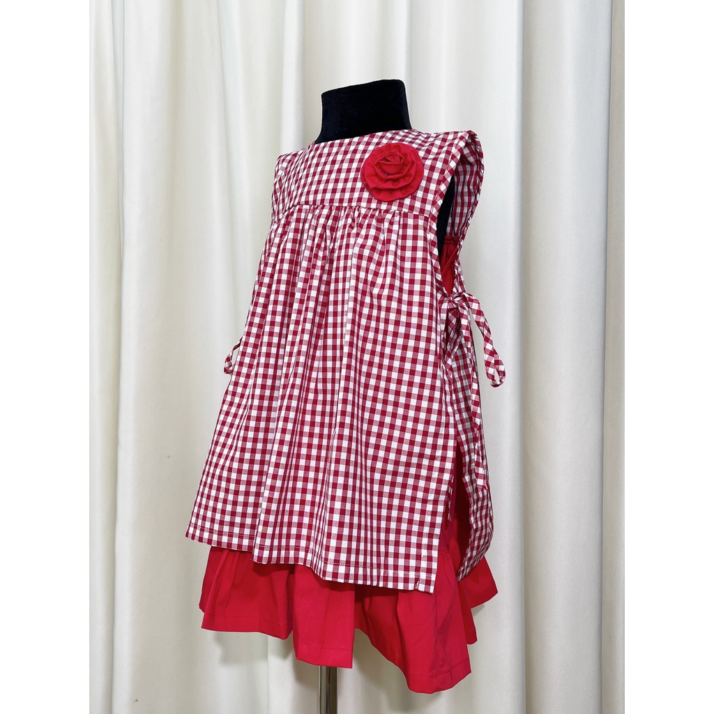 M199 - Váy Đầm Bé Gái Babydoll Caro Đỏ Phong Cách 2 Tà Hiện Đại
