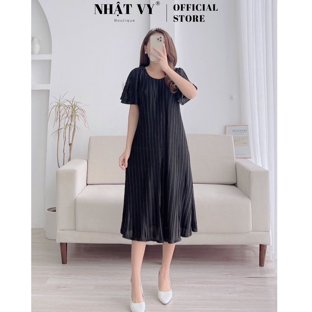 Đầm công sở Nhật Vy tay cánh tiên cổ tròn dáng suông chất thun dập ly phù hợp đi chơi du lịch - D2598