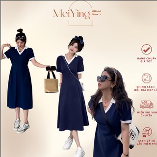 Đầm polo cổ v dáng dài cộc tay mei ying official. váy công sở cổ đức dáng dài thiết kế chiết eo hàng quảng châu
