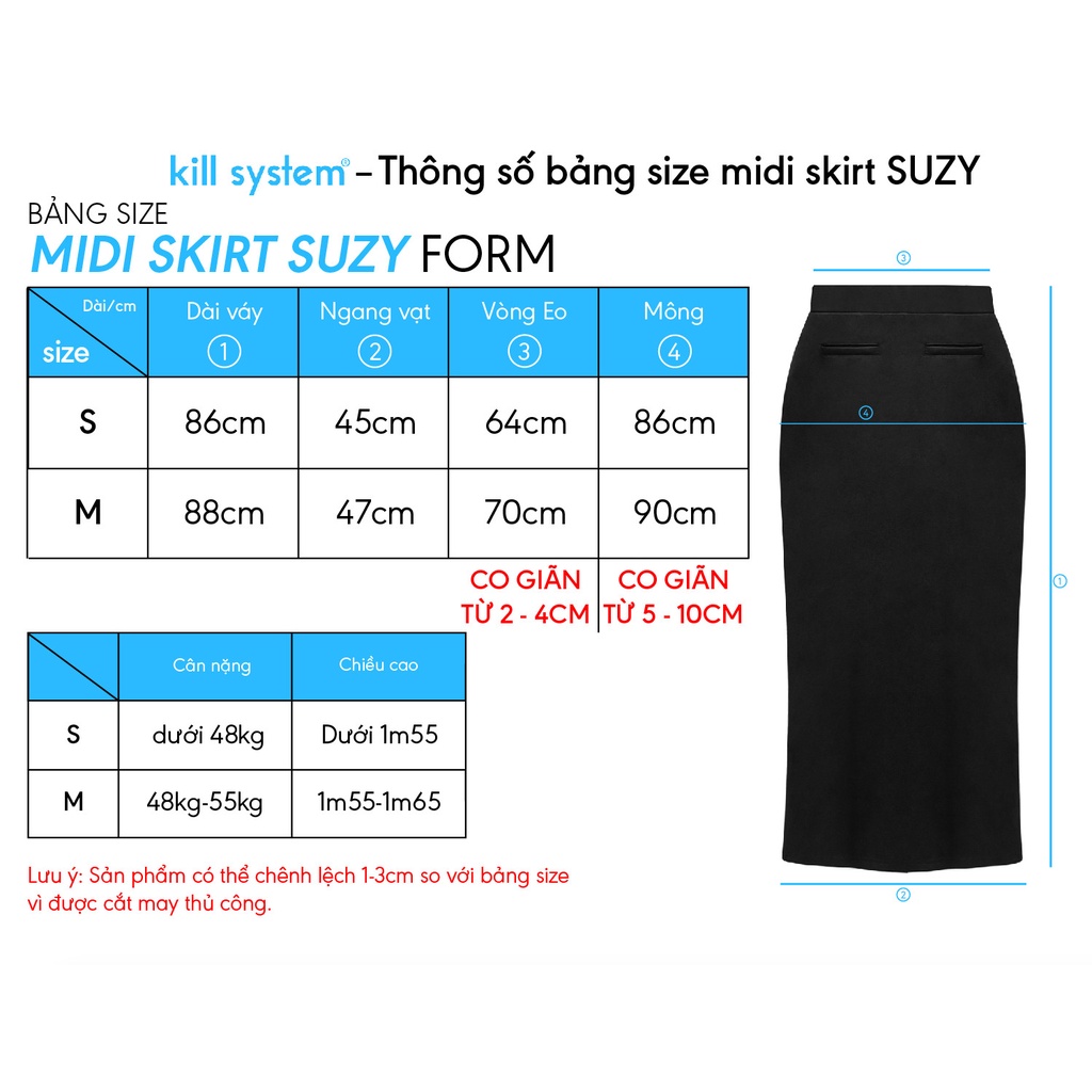 Chân váy dài Killsystem Suzy Long Skirt màu đen chất vải umi co giãn