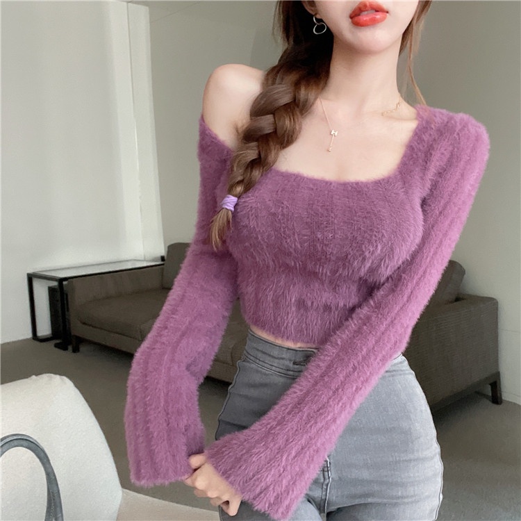 QADCOL Áo sweater Lông Chồn Cổ Vuông Thấp Mềm Mại Dày Dặn Thời Trang Thu Đông Cho Nữ