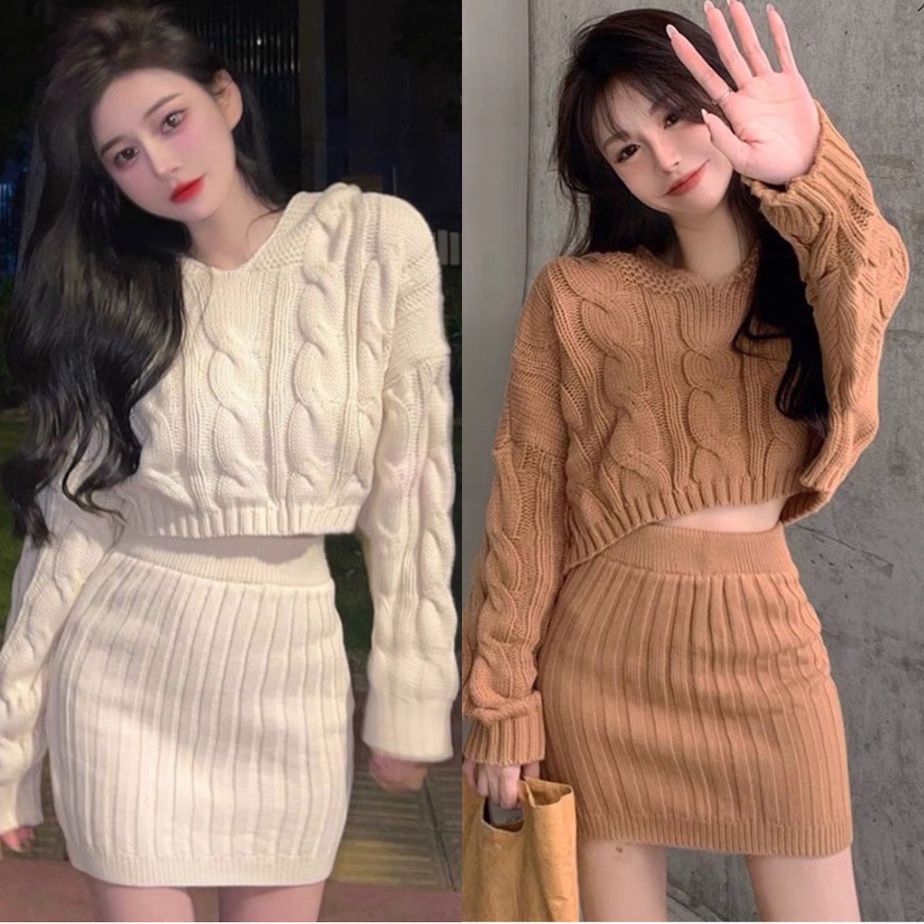 Set váy len nữ 2 chi tiết kèm chân váy cạp cao áo croptop có mũ hoodie len vặn thừng dày đẹp cá tính sexy trẻ trung C-15