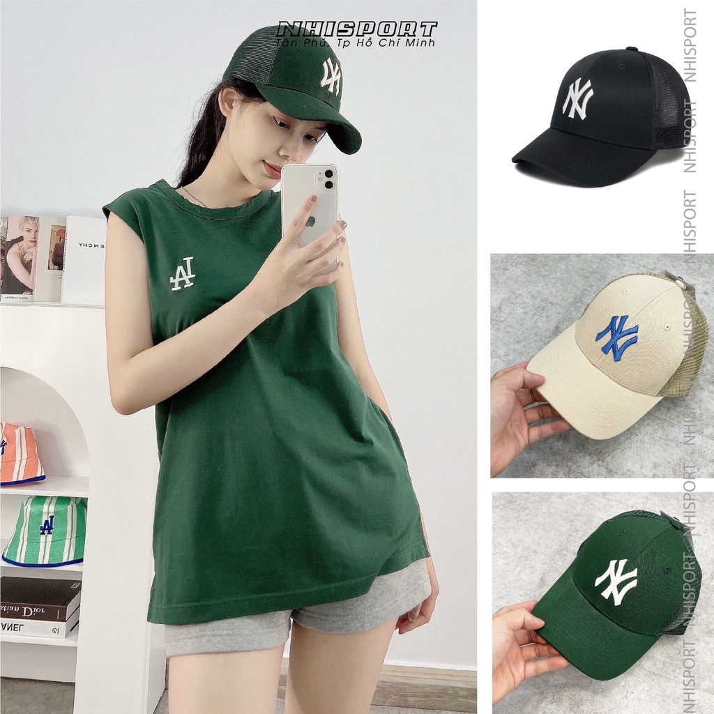 Mũ lưỡi trai bóng chày MLB phối lưới cao cấp Nón kết thời trang NY form đứng kaki đen trắng chuẩn hãng 4 màu lựa chọn