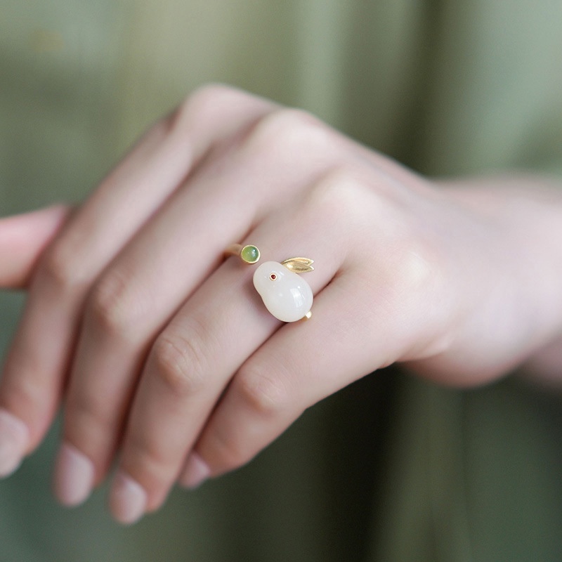 Nhẫn Ngọc Bích Hình Thỏ Hetian Thời Trang Cho Nữ