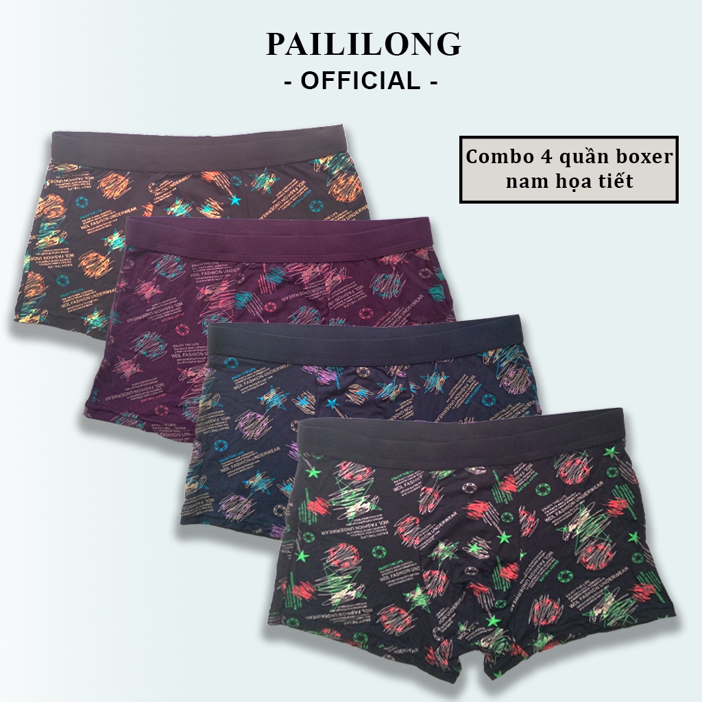 Combo 4 quần boxer nam họa tiết Paililong cotton thấm hút tốt, co giãn 4 chiều, 2836 NPP Paililong.official