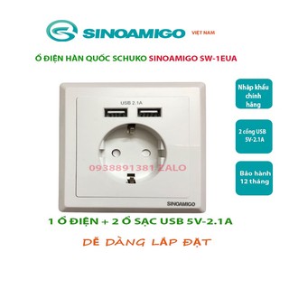 Ổ điện Hàn Quốc Schuko kèm 2 cổng USB sạc 5V-2.1A âm tường SW-1EUA chính hãng Sinoamigo