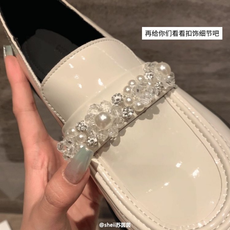 Giày Da Mũi Tròn Đế Dày Đính Đá Pha Lê Thủ Công Thời Trang Cho Nữ