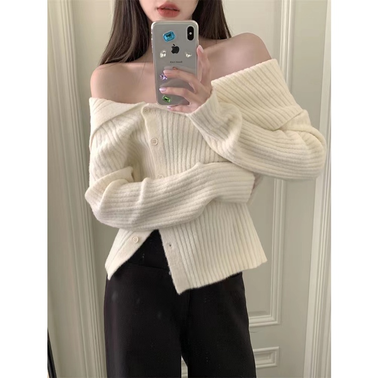 Máy Hpouvoir #Hàng Có Sẵn!# Áo Cardigan Dệt Kim Trễ Vai Dáng Ôm Thời Trang Quyến Rũ Cho Nữ