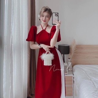 [12.12 Sales Freeship] Áo dài cổ yếm tay phồng phối quần ống rộng trắng dài, set áo dài nhung khoét vai quyến rũ