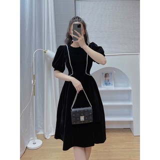[JAMELA] Váy nhung tay lỡ cổ tròn phối viền
