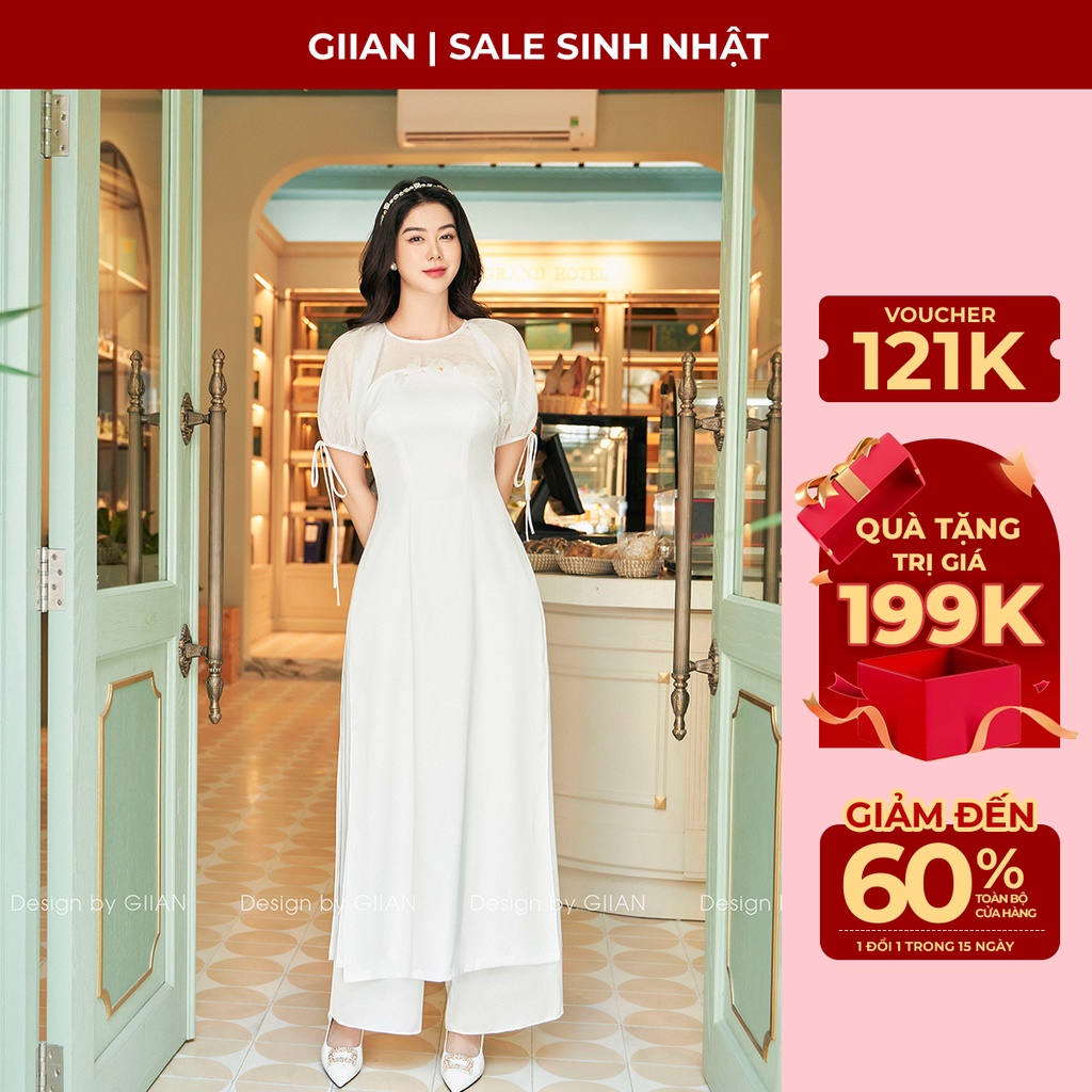 Áo dài cách tân tay bồng thiết kế, phối ngực hoa cách điệu chính hãng Giian - GAD473