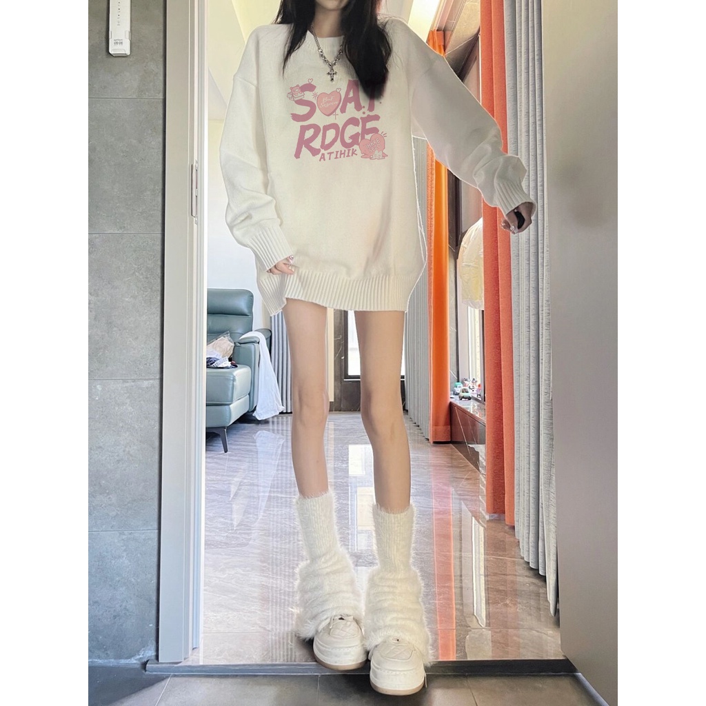 HUANG YOYO Áo Thun Nữ Dài Tay Cổ Tròn In Chữ Thời Trang Hàn Quốc