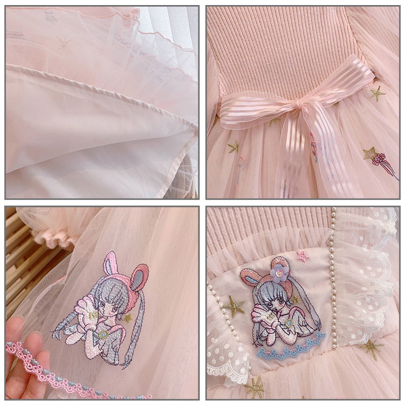 Đầm Công Chúa Tay Phồng Phối Lưới Thêu Họa Tiết Thời Trang Mùa Thu Hàn Quốc Mới Cho Bé Gái