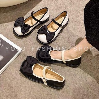 Giày Marry quai ngang phối viền đính nơ vintage điệu đà xinh xắn trẻ trung - L4