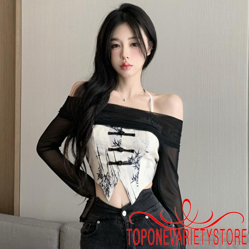 Áo Croptop Dài Tay Hở Lưng + Áo Cột Dây In Họa Tiết Lá Tre Gợi Cảm Cho Nữ