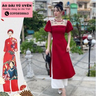 Sét áo dài cách tân nữ, áo dài đỏ nữ thiết kế cổ ren phối tay phồng chất text nhung mềm