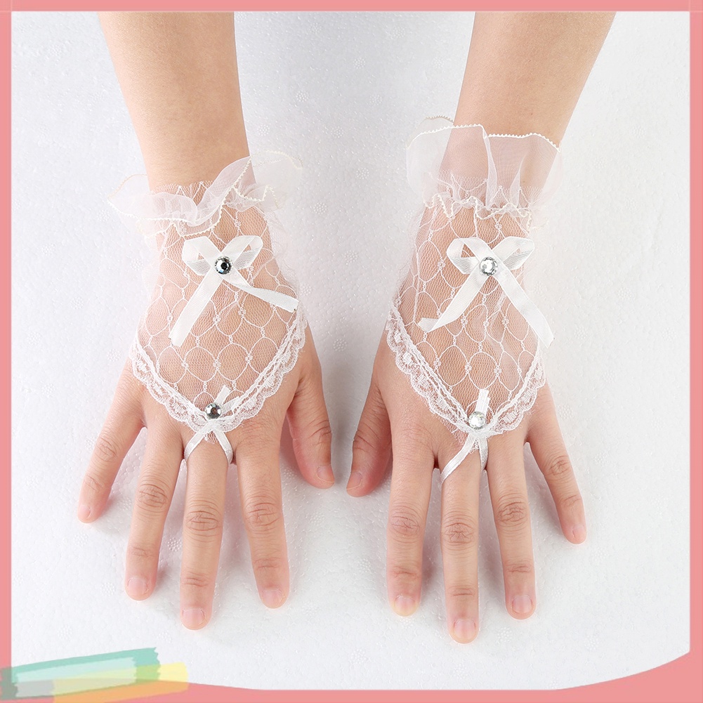 Đôi găng tay cô dâu vải ren phối nơ và ngọc giả độc đáo thời trang