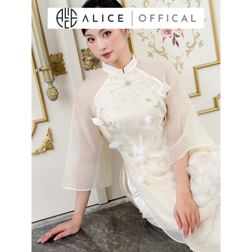 Set Áo Dài Cao Cấp Cổ Tàu Tay Lỡ ALICE Chất Tơ Nhũ Lót Lụa Đính Họa Tiết Nổi, Phù Hợp Ngày Tết AD247