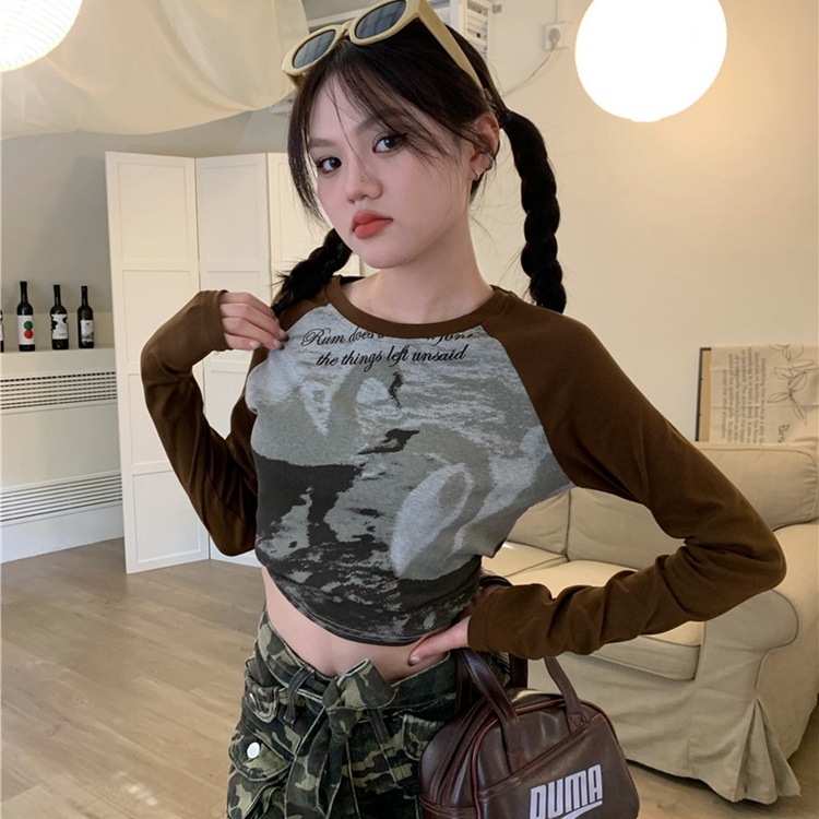 Áo thun croptop SUXI tay dài cổ tròn thời trang mùa thu quyến rũ cho nữ