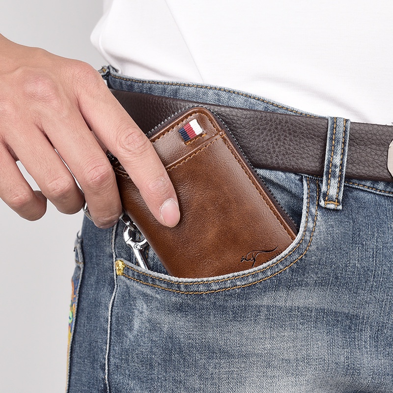 Ví Da Nam Đứng Đựng Chìa Khóa Xe Hơi Đa Năng Nhiều Khe Thẻ Ngăn Để TiềnTiện Lợi Có Khóa Kéo An Toàn Chống Trộm RFID