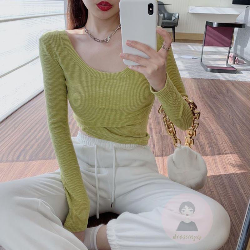 Áo Thun Croptop Dệt Kim Tay Dài Màu Sắc Đơn Giản Cho Nữ