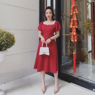 Đầm đỏ cổ vuông basic (kèm hình thật)