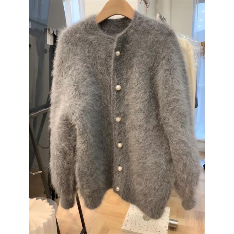Áo Khoác Cardigan Lông Xù Cổ Tròn Dáng Rộng Màu Xám Thời Trang Thu Đông Mới Cho Nữ