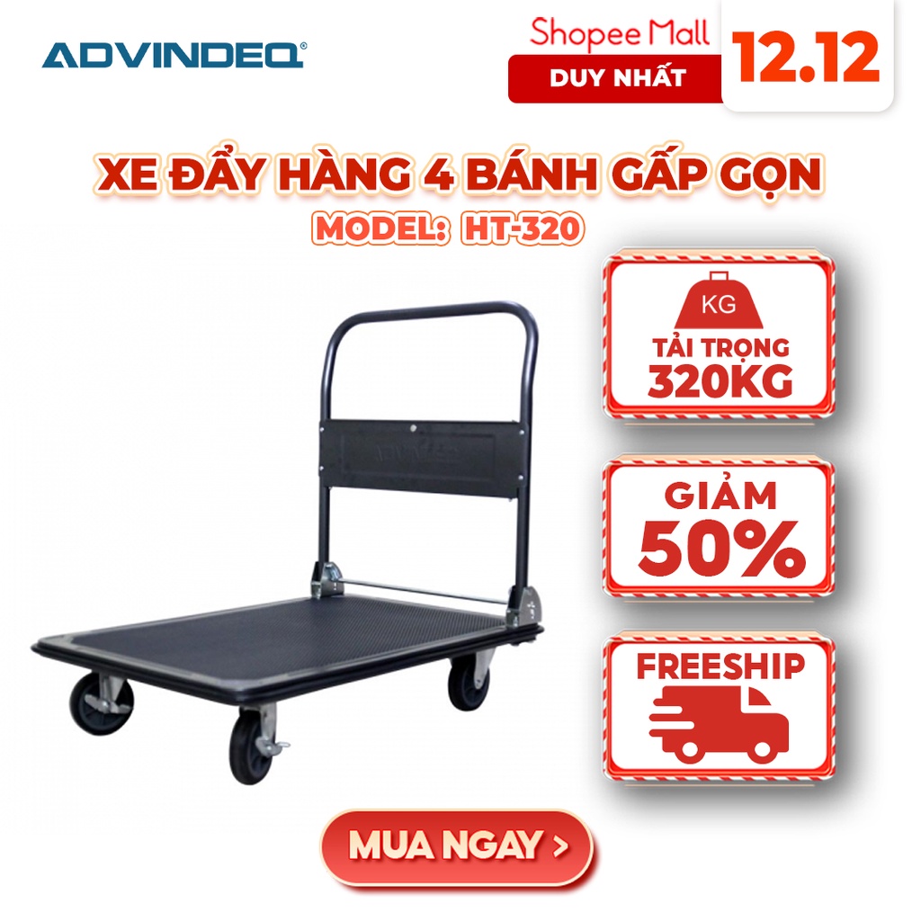 Xe đẩy hàng 4 bánh gấp gọn 320kg nhập khẩu ADVINDEQ HT-320 đa năng, bánh cao su chống ồn, Bảo hành 1 năm