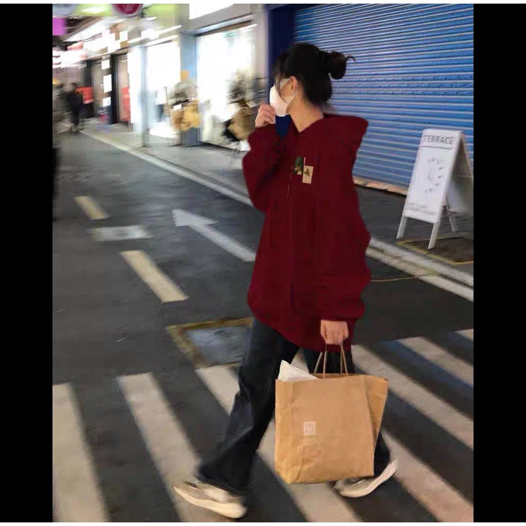 Áo Hoodie Đỏ Đô Noel Unisex Chất Nỉ Ngoại Dáng Rộng Tay Bồng Vintage