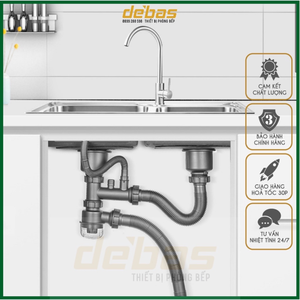 Bộ xi phông chống gỉ và ngăn mùi hôi cao cấp có bầu lọc rác dễ vệ sinh chậu rửa chén bát ống nhựa abs bầu inox 304 Debas
