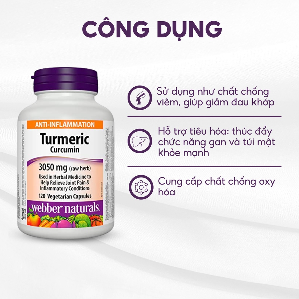 Viên uống hỗ trợ xương khớp, hệ tiêu hóa chiết xuất từ nghệ Turmeric Curcumin 3050mg Webber Natural 120 viên