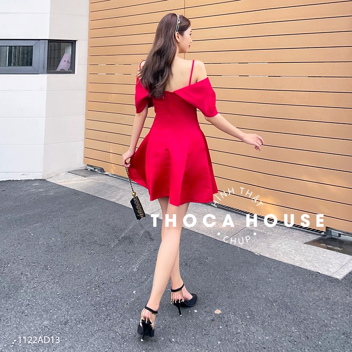 Đầm hai dây trễ vai nơ sang trọng trơn màu đỏ THOCA HOUSE thanh lịch, nổi bật mặc dự tiệc, lễ Tết xinh xắn