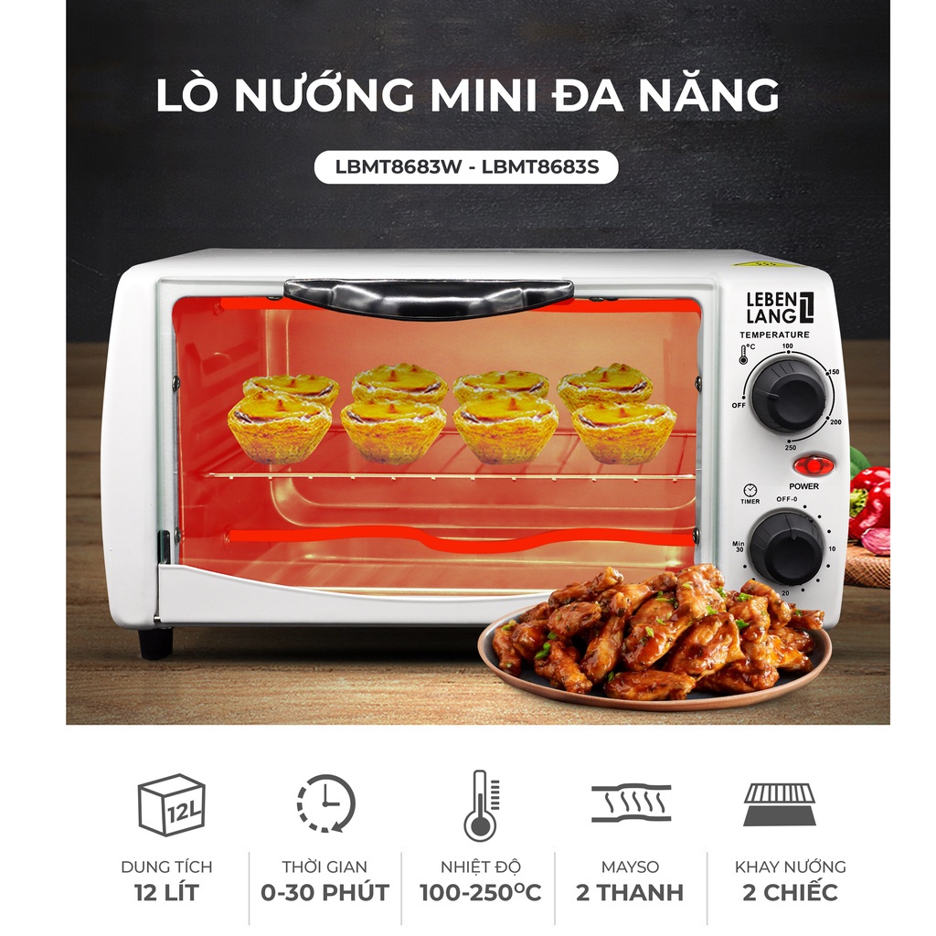 Lò Nướng Mini Đa Năng LEBENLANG, Công Suất 800W, Dung Tích 12L, Bảo Hành 24 Tháng, 3 Màu Đen, Nâu, Trắng.