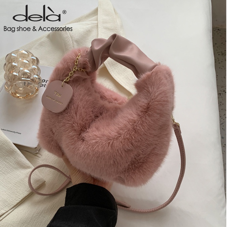 Dela Túi Đeo Chéo Vải Len Phối Dây Xích Thời Trang Nhật Hàn Dành Cho Nữ