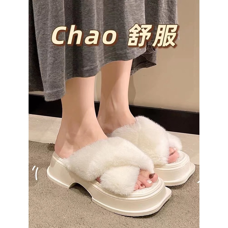 Dép Cao Gót Đế Dày Quai Ngang Phối Lông Thời Trang Mùa Thu 2022 Mới Cho Nữ