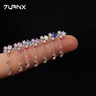 Khuyên tai 7UANX dạng xỏ thép không gỉ phối chuỗi xích mặt trăng đính đá zircon nhân tạo thời trang Hàn Quốc