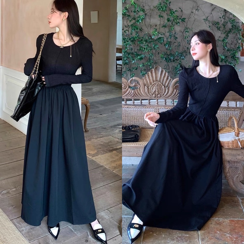 VÁY XOÈ MAXI TAY DÀY TRƠN BASIC ULZZANG FREESIZE ĐẦM LỤA TRƠN MÙA ĐÔNG ĐẦM DÁNG DÀI ĐẦM BẦU