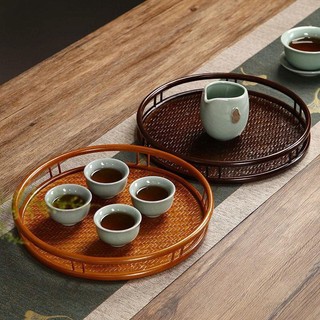 Khay trà mây tre đan nghệ thuật dáng tròn
