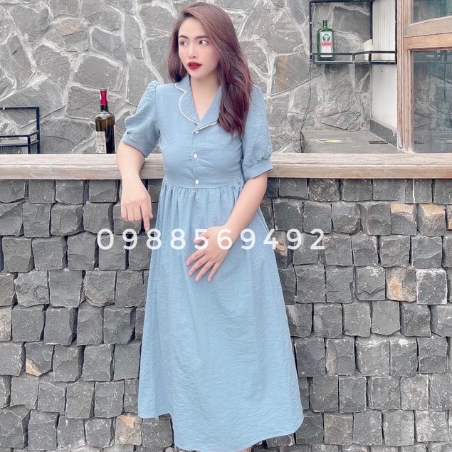 Váy bầu bigsize - Đầm bầu thiết kế GuMe Cổ Pyjama Viền Ren 3 Màu Đen , Hồng , Xanh dáng babydoll chất vải đũi hàn MB168