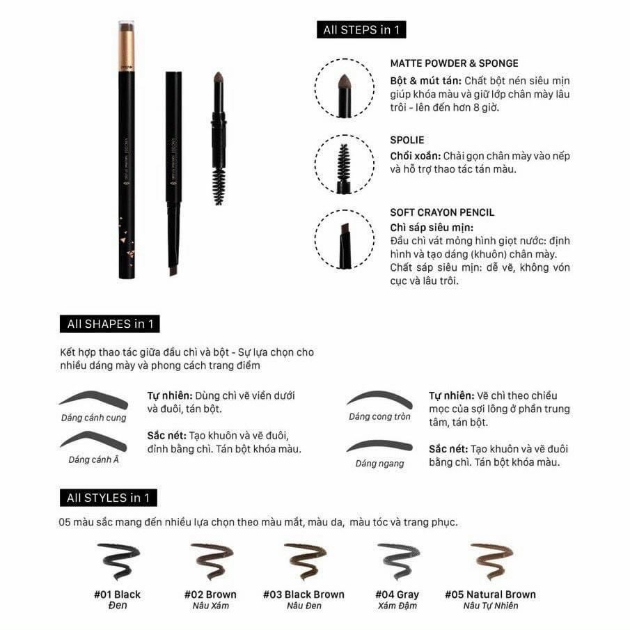 Chì Mày Định Hình VACOSI: Sáp + Bột + Chổi - VACOSI Dual EyeBrow Shape Pen, 5 màu