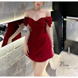 ĐẦM NHUNG BỆT VAI TAY NGẮN PHỐI NƠ NGỰC DÁNG NGẮN