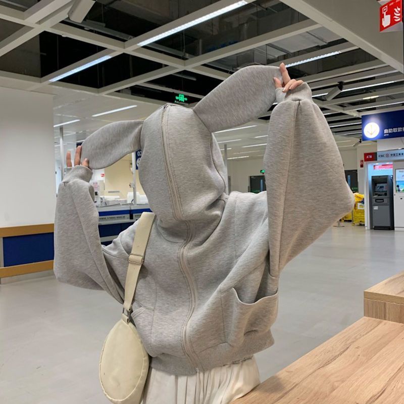 Áo Khoác Hoodie Dày Ngắn Có Khóa Kéo Thiết Kế Tai Thỏ Dễ Thương Phong Cách Preppy Thời Trang Thu Đông
