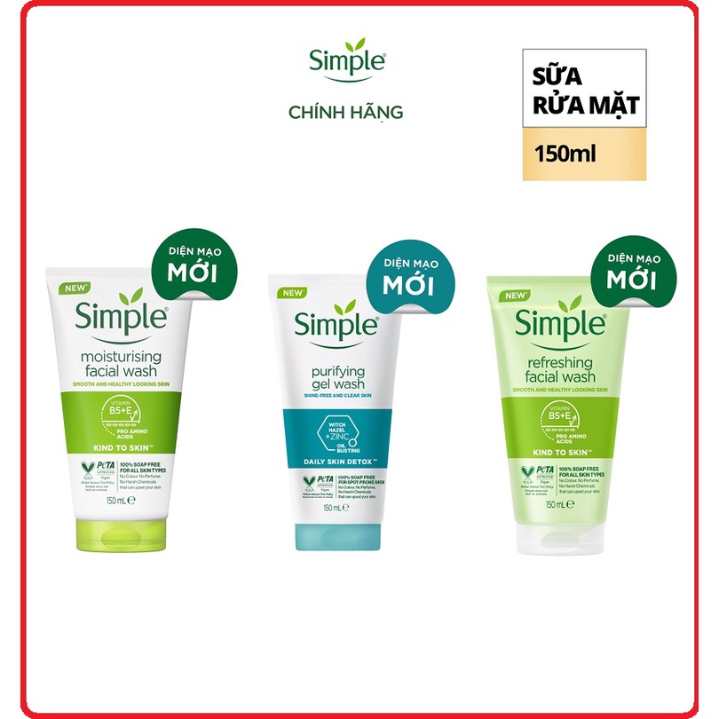 Sữa rửa mặt Simple giúp da sạch thoáng & không chứa xà phòng 150ml