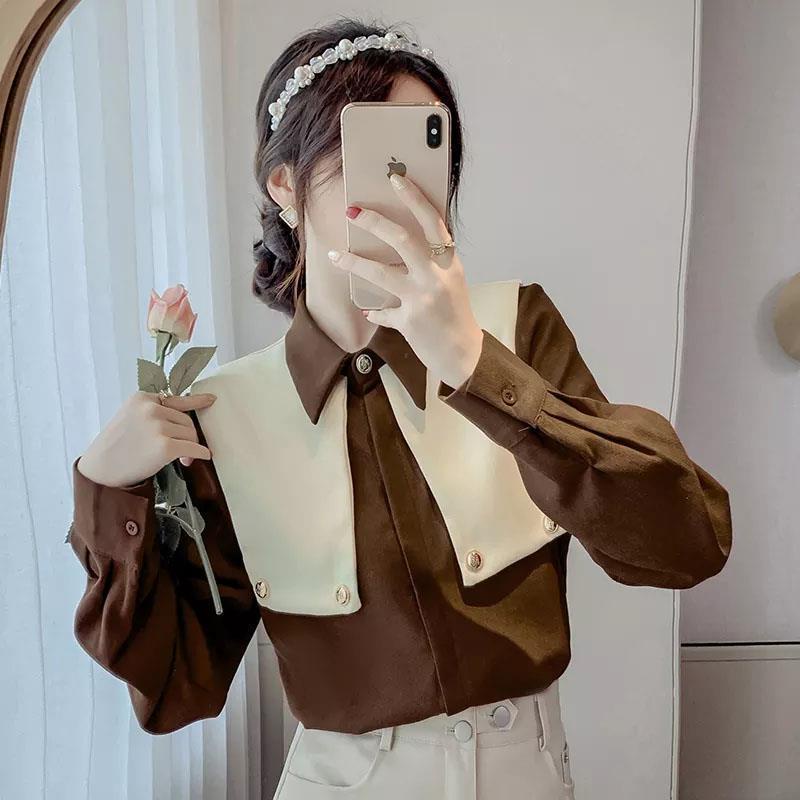 Áo Sơ Mi Tay Dài Cổ POLO Vải Nhung Dày Màu Sắc Tương Phản Thời Trang Thu Đông 2022 Cho Nữ