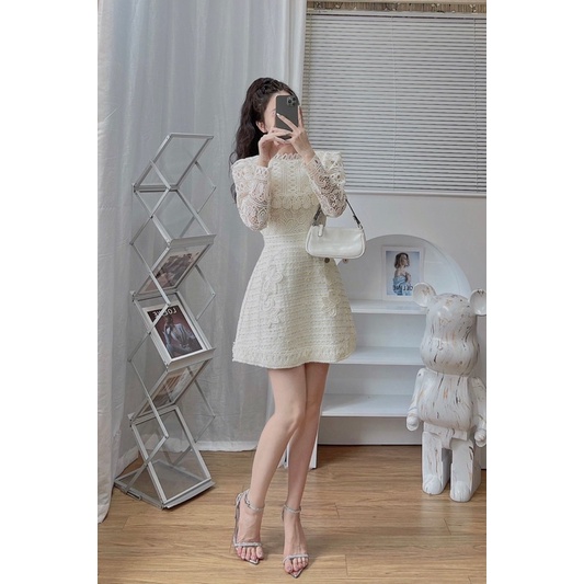 Váy ren phối chân dạ dài tay thiết kế cao cấp