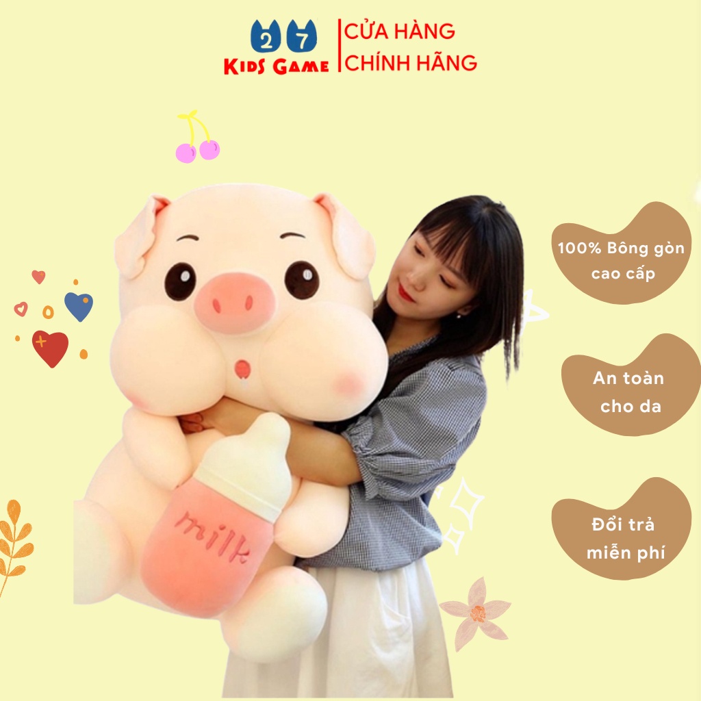 Gấu bông heo ôm bình sữa, thú nhồi bông cao cấp mềm mịn, gối ôm siêu cute - 27KIDS GAME