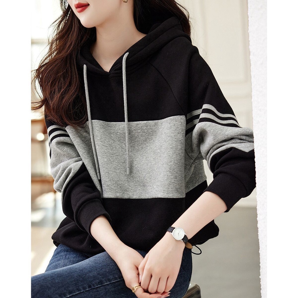 Áo Hoodie Cotton Dày Dáng Rộng Họa Tiết Kẻ Sọc Thời Trang Thu Đông Phong Cách Hàn Quốc