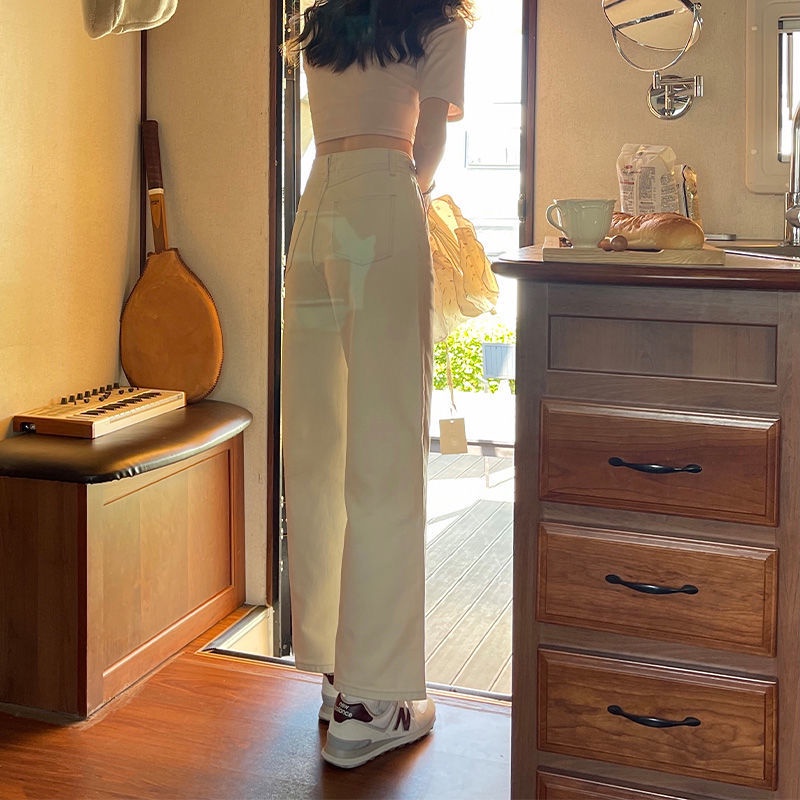 IELGYQuần Jean Nữ Lưng Cao Ống Đứng Màu Be Thời Trang